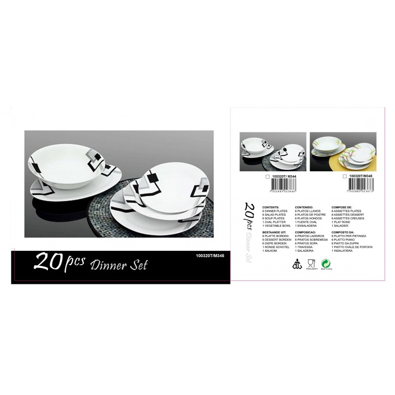 20-Piece Porcelain Dinnerware Set White with Geometrical Pattern Designs 