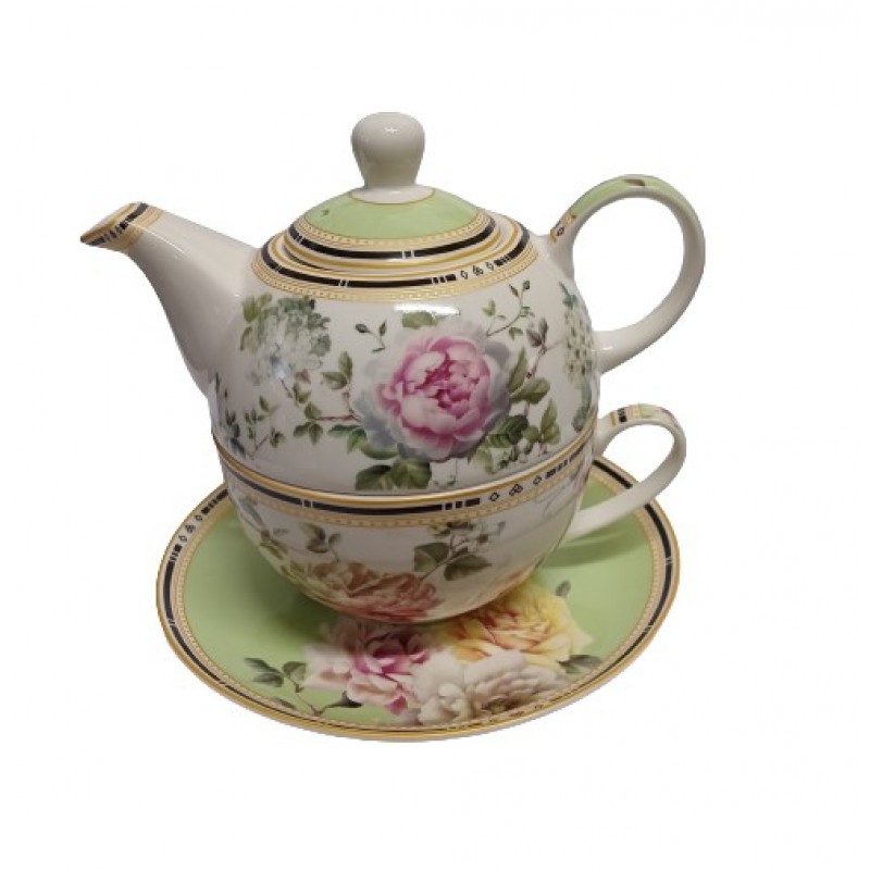 Tea Set Cup And Saucer With Teapot 3-Piece Floral Green Garden 14x17x15cm