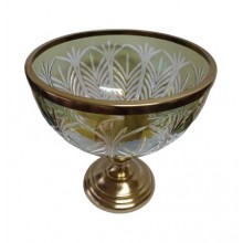 Smoke Due Luster Cutting Glass Bowl On Gold Metal Base & Antique Gold RIng On Top 25.5x25.5x24cm