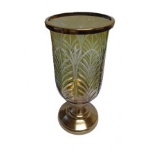 Smoke Due Luster Cutting Glass Hurricane Holder With Gold Metal Ring On Top & Base 15.5x15.5x32cm