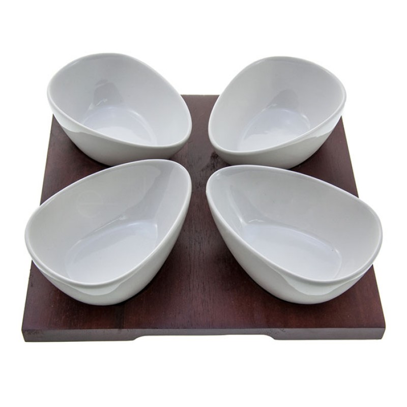 Wooden Tray With 4 Porcelain Bowls CD1904