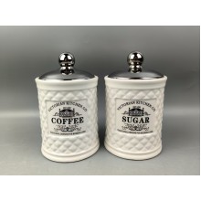 Κεραμικά Βάζα Για Καφέ-Ζάχαρη  Με Ασημί Καπάκι Διακοσμημένα 2τεμ. 16cm